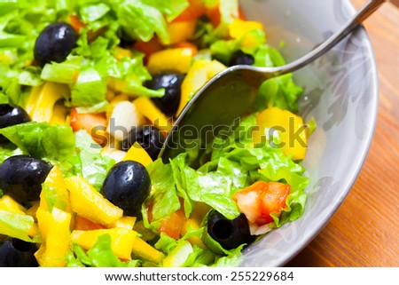 Assorted salad of green leaf lettuce with squid and black olives in bowl, close up