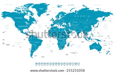 World Map and navigation icons - illustration. Highly detailed world map: countries, cities, water objects