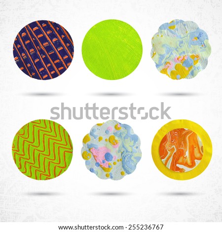 Beautiful color design elements. Various decorative circles made of paper, paint and scissors. Vector illustration.