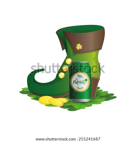 an isolated traditional boots with clovers, golden coins and a can of beer