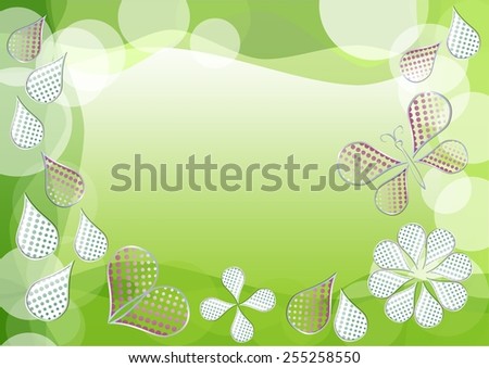 Spring green vector background with morphing dotted drops, leafs, heart and butterfly 