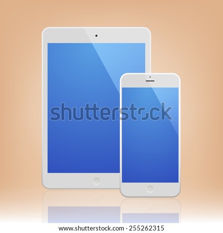 White Business Phone and White tablet with blue screen and reflection. Illustration Similar To iPhone, iPad.