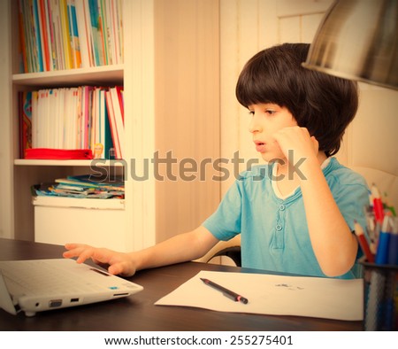 child doing homework, portrait. instagram image retro style
