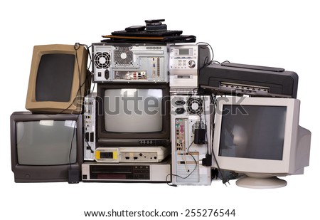 Old, used and obsolete electronic equipment isolated on white Royalty-Free Stock Photo #255276544