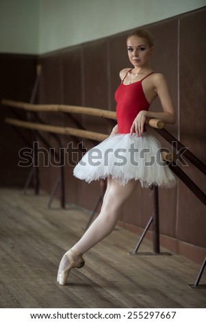 Ballerina standing near the bar on tiptoe, leaning his elbow.
