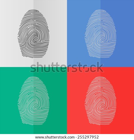 Fingerprint vector icon. Effect of folded paper. Colored (red, blue, green) illustrations. Flat design