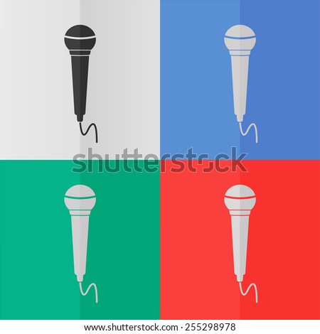 Microphone vector icon. Effect of folded paper. Colored (red, blue, green) illustrations. Flat design