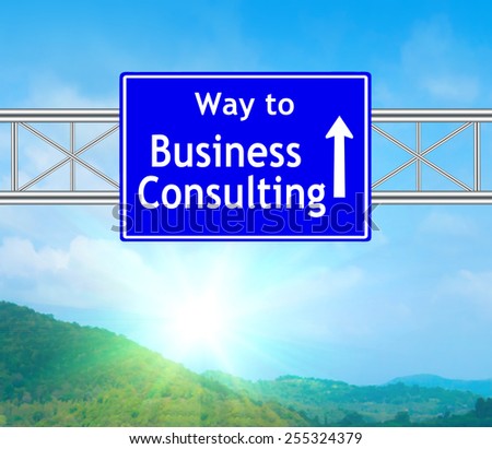 Business Consulting Blue Road Sign concept with resplendent clouds and sky.