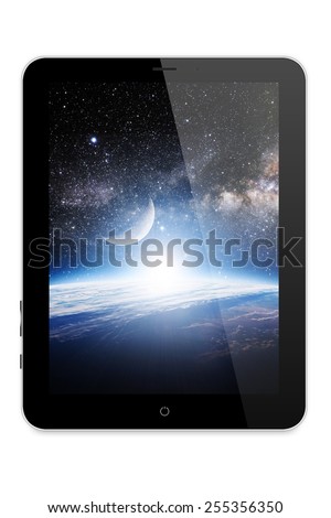 Black tablet pc same like ipade with space as wallpaper on white background. Elements of this image furnished by NASA