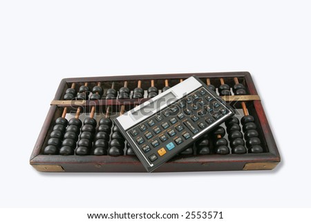 Abacus and calculator isolated on white background.
