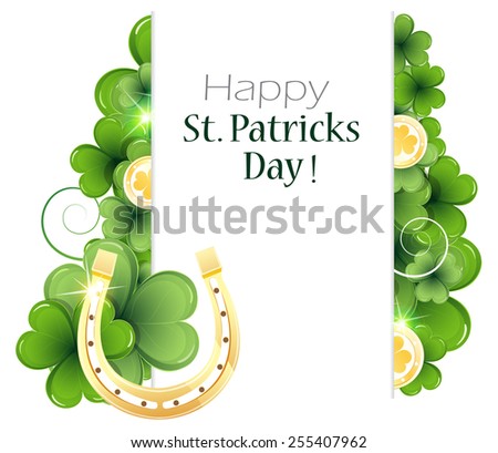 Gold coins and horseshoe on clover background with place for text.   St. Patrick's Day background.