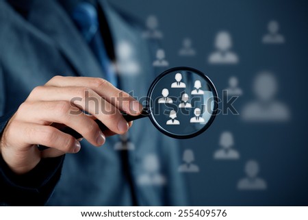 Marketing customer target audience concept. Human resources officer choose employees standing out of the crowd.  Royalty-Free Stock Photo #255409576