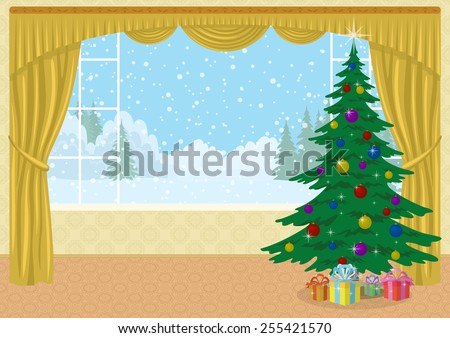 Christmas holiday background, Room with fir tree and gift boxes in front of the window with view of winter forest glade and snowy sky, cartoon illustration. Eps10, contains transparencies. Vector