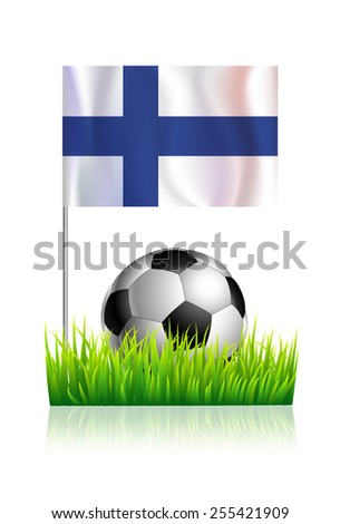 Soccer Ball on green grass field with flag of Finland
