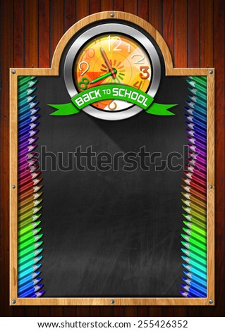Blackboard with Back to School Clock. Blackboard with symbol with a colorful clock with clock hands in the shape of colored pencils and green ribbon with text back to school
