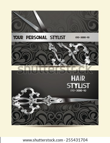 Hair stylist personal cards with silver scissors and floral design