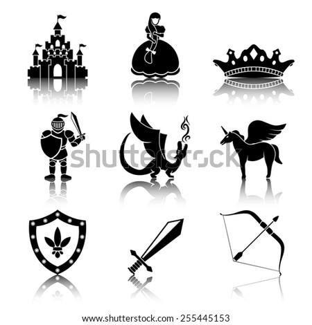Set of monochrome fairytale (game) icons with reflections  - sword, bow, shield, knight, dragon, princess, crown, unicorn, castle. Vector