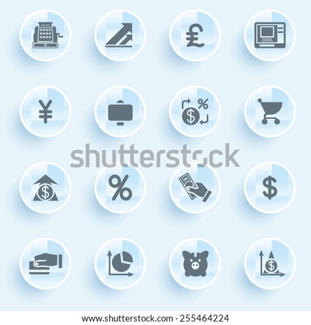 Finance icons with buttons on blue background.