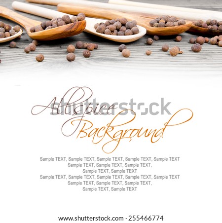 Photo of spoons with allspice seeds on wooden board with white space for text