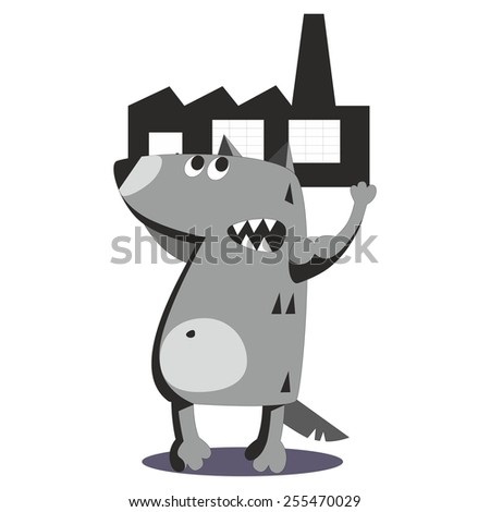 Cartoon angry wolf holding building isolated on white background, vector illustration 03