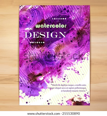 Vector Poster Template with Watercolor Paint Splash And Doodle Wave Pattern. Abstract Aquarelle Background for Business Flyers, Posters and Placards. Bright purple watercolor on wood background.