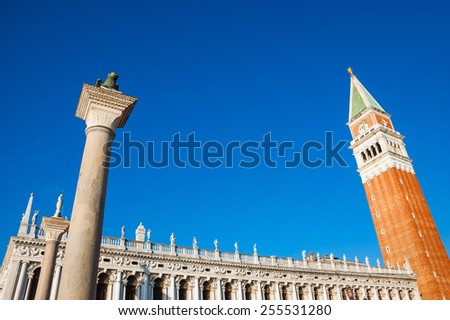 The Lion of Venice, Angel, Campanile and palace at St Mark's Square in Venice, Italy.