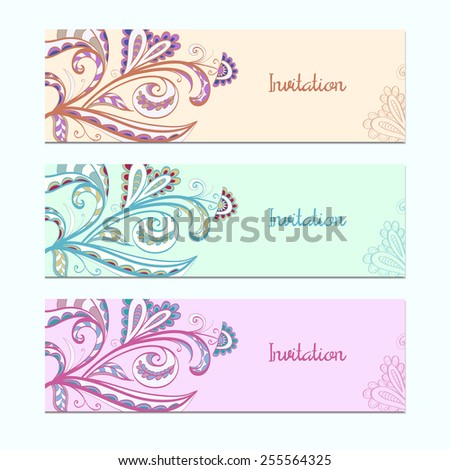 Set of 3 invitation cards with floral ornament. Vector illustration eps 10.