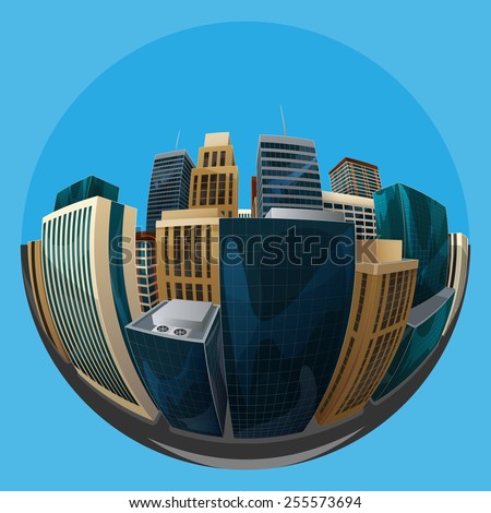 vector illustration of panoramic fisheye lens cityscape view. modern city with skyscrapers, business centers and other buildings. architectural composition with curvilinear perspective