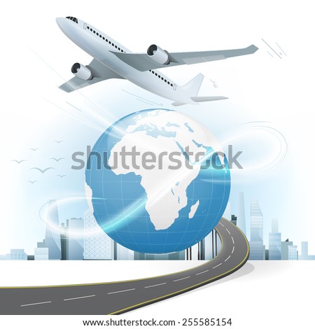 travel and transport concept with Africa and Europe world map vector illustration with cityscape background