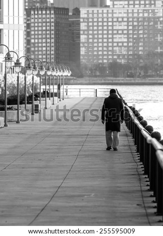 single unidentified person walking long hudson river in the morning