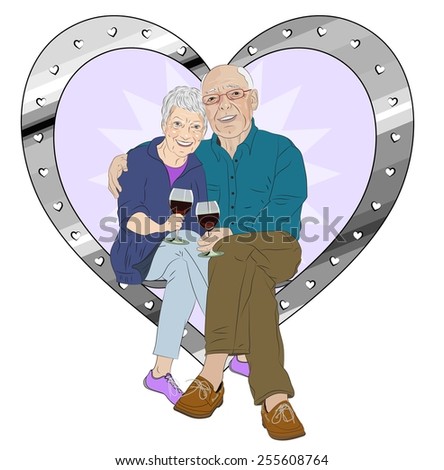 A vector illustration of an elderly man and woman sitting together, the man has his arm around the woman, each is holding a glass of wine.  The background looks like a silver, metal heart.  
