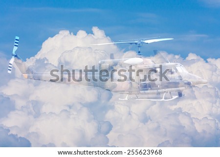 Double exposure of helicopter on the blue sky and cloud background