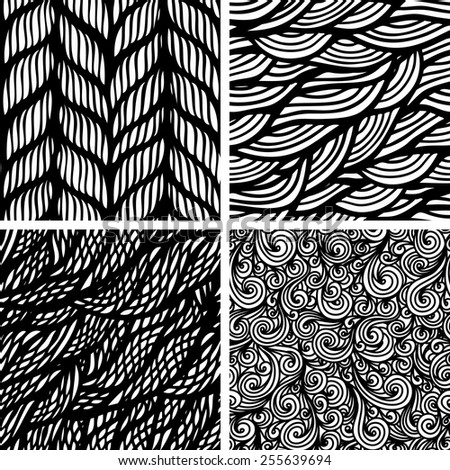 Set of four seamless bright patterns, waves background, vector illustration