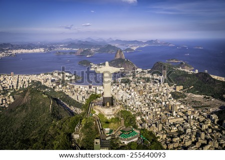 Rio de Janeiro, Brazil : Aerial view of Christ and Botafogo Bay from high angle Royalty-Free Stock Photo #255640093