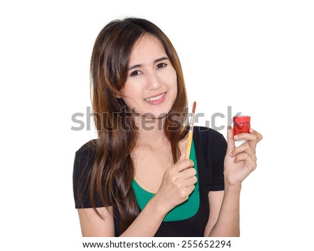 asia girl with painting set object on white background