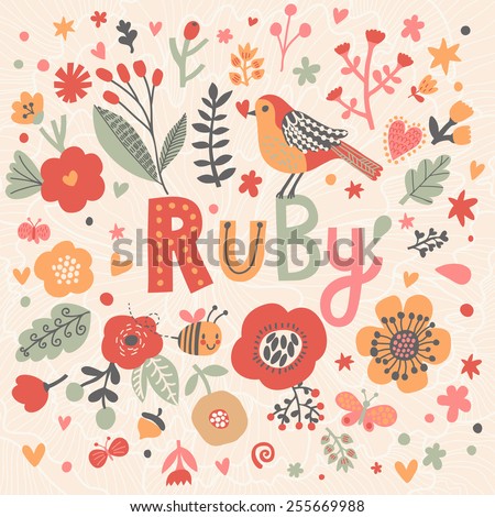 Bright card with beautiful name Ruby in poppy flowers, bees and butterflies. Awesome female name design in bright colors. Tremendous vector background for fabulous designs