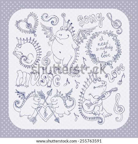 Vector set of funny cartoon dragons playing music and singing a song. Outlines with watercolor texture