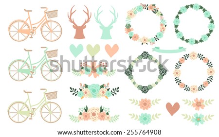 Set of floral wedding clipart. Frames, reindeers, hearts, flowers and bicycles clipart.