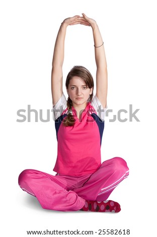 Young girl in pink sportswear exercising. isolated on the white background