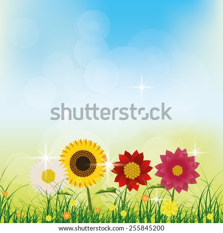 a colored background with a spring landscape and flowers