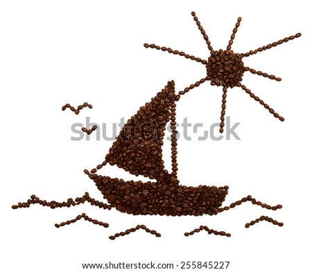 The ship sails on the waves and the sun are made of coffee beans isolated on white background