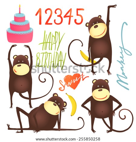 Monkey Fun Cartoon in Poses with Birthday Lettering. Dancing and playing amusing monkey. Vector illustration EPS10.