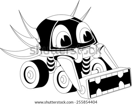Black and white illustration of a cartoon car