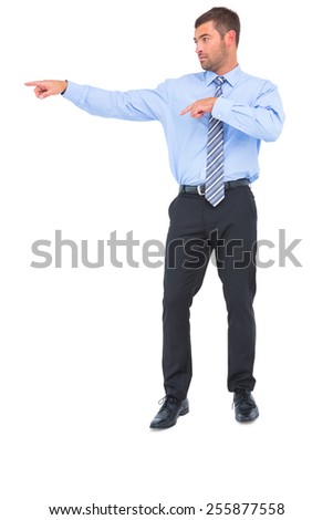 Businessman pointing with fingers on white background