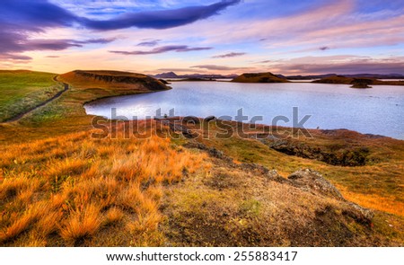 Scenic sunset at Lake Myvatn in Northern Iceland