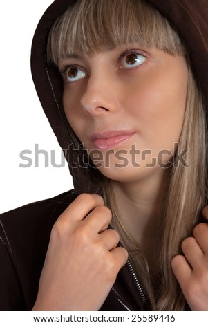 close up photo of the beautiful happy girl wearing hood