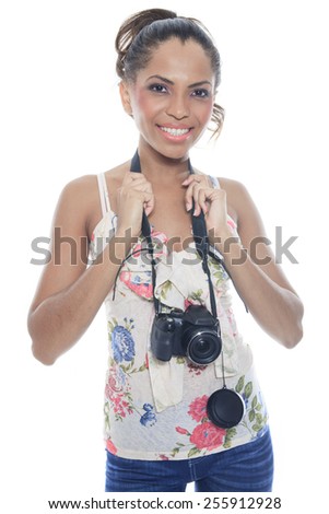 Girl-photographer takes snaps, isolated on white