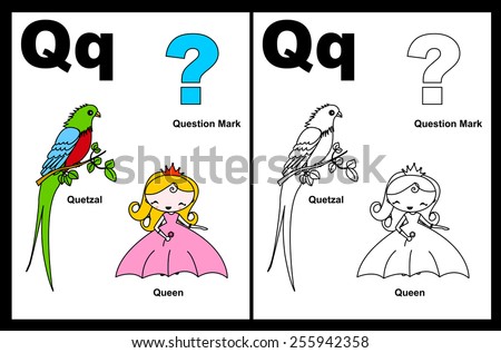 Kids alphabet coloring book page with outlined clip arts to color. Letter Q 