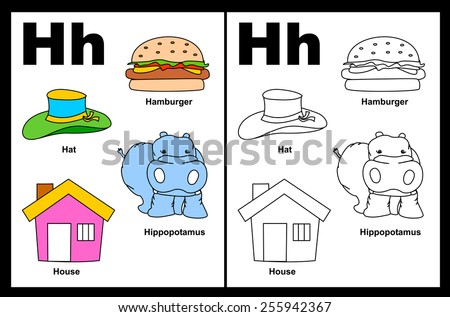 Kids alphabet coloring book page with outlined clip arts to color. Letter H 