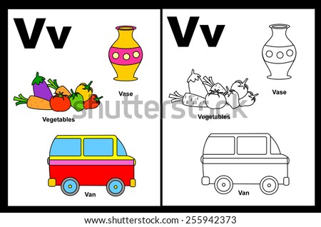 Kids alphabet coloring book page with outlined clip arts to color. Letter V